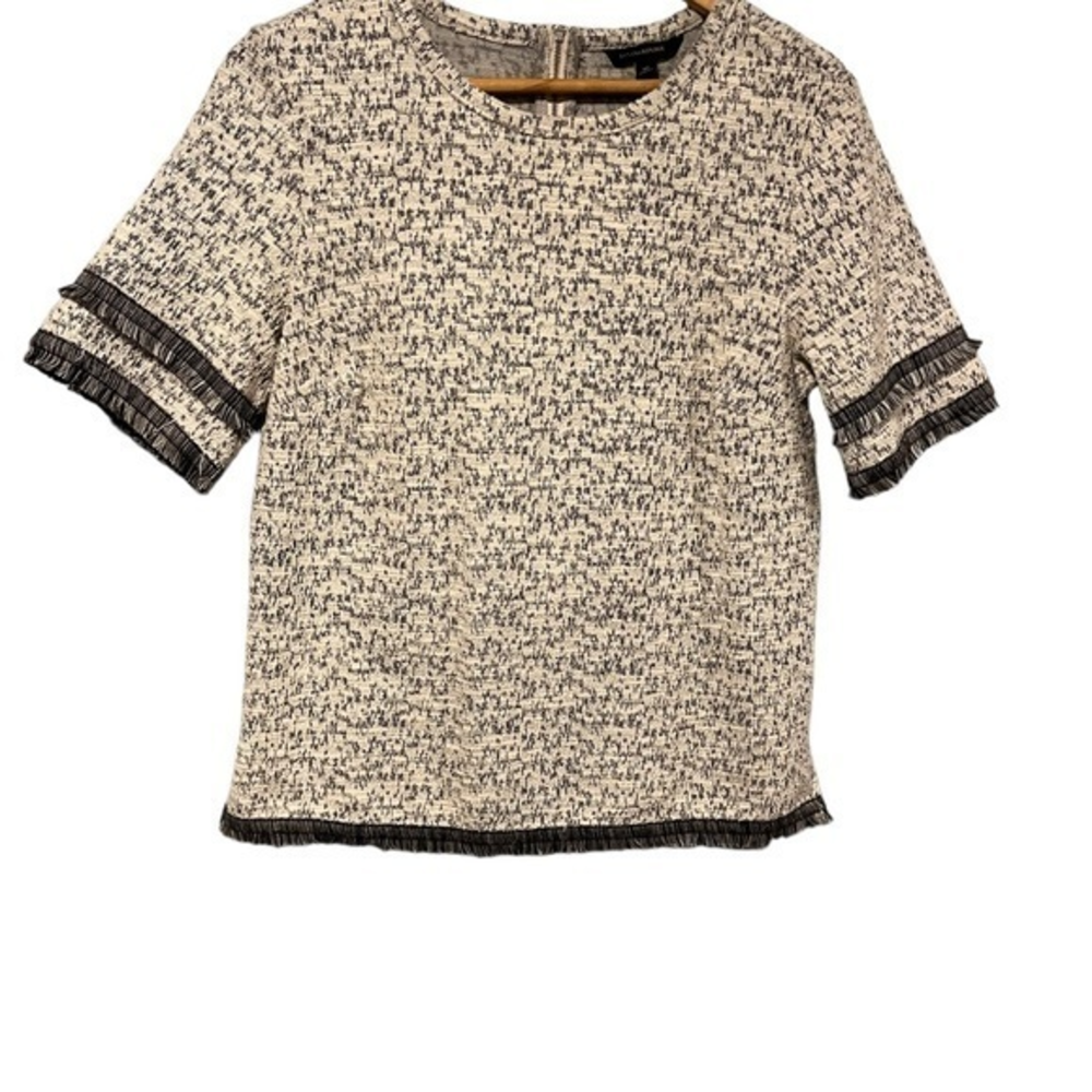 Banana Republic SS Ikat‎ Jacquard Fringe Trim Top Ivory Black M #DB